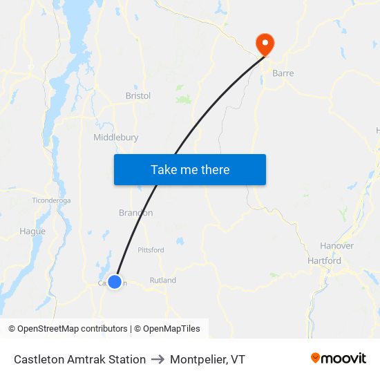 Castleton Amtrak Station to Montpelier, VT map