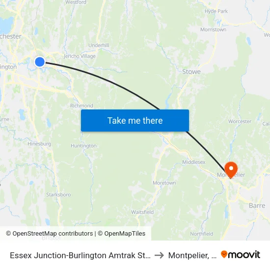 Essex Junction-Burlington Amtrak Station to Montpelier, VT map