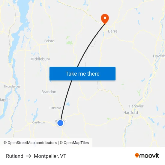 Rutland to Montpelier, VT map