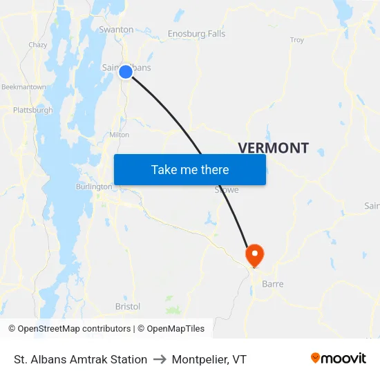 St. Albans Amtrak Station to Montpelier, VT map