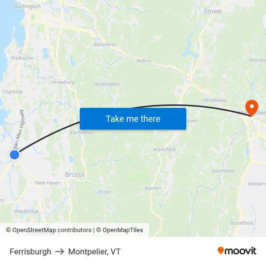 Ferrisburgh to Montpelier, VT map
