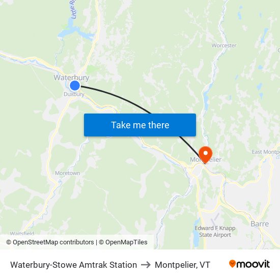 Waterbury-Stowe Amtrak Station to Montpelier, VT map