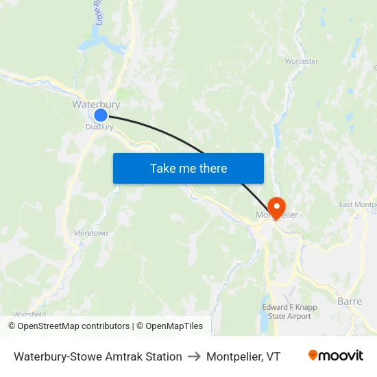 Waterbury-Stowe Amtrak Station to Montpelier, VT map