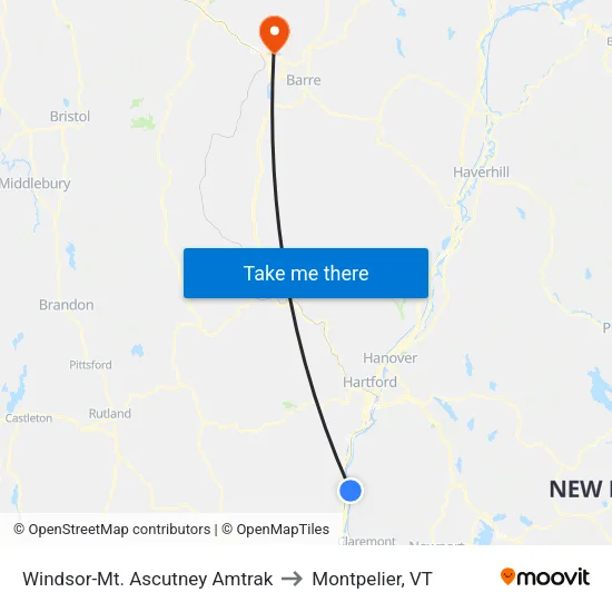 Windsor-Mt. Ascutney Amtrak to Montpelier, VT map