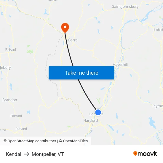 Kendal to Montpelier, VT map