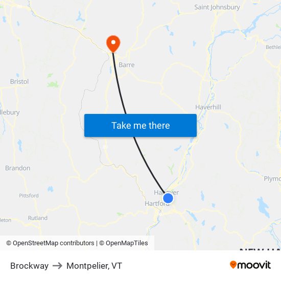 Brockway to Montpelier, VT map