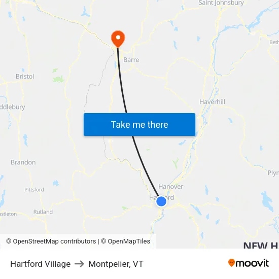 Hartford Village to Montpelier, VT map