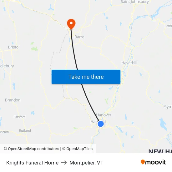 Knights Funeral Home to Montpelier, VT map