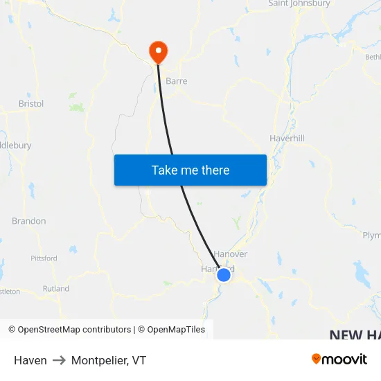Haven to Montpelier, VT map