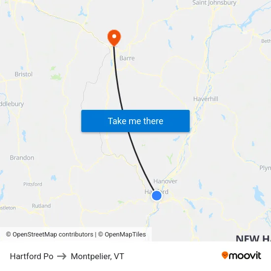 Hartford Po to Montpelier, VT map