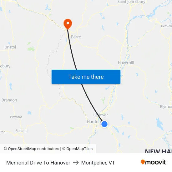 Memorial Drive To Hanover to Montpelier, VT map