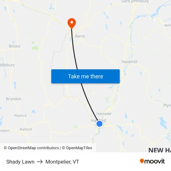 Shady Lawn to Montpelier, VT map