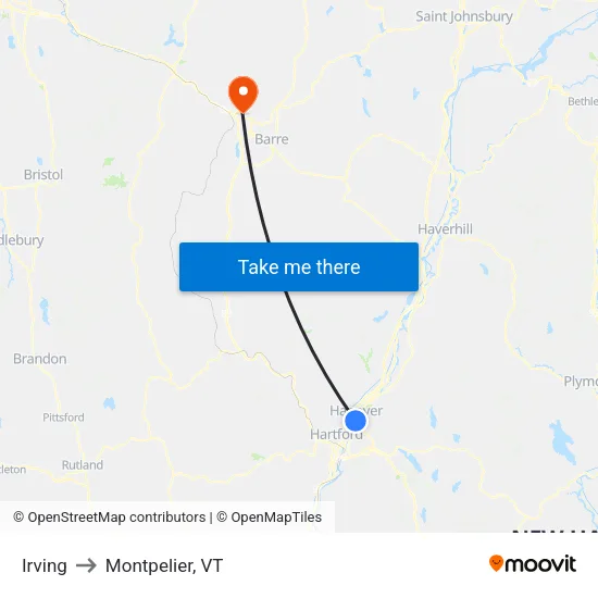 Irving to Montpelier, VT map