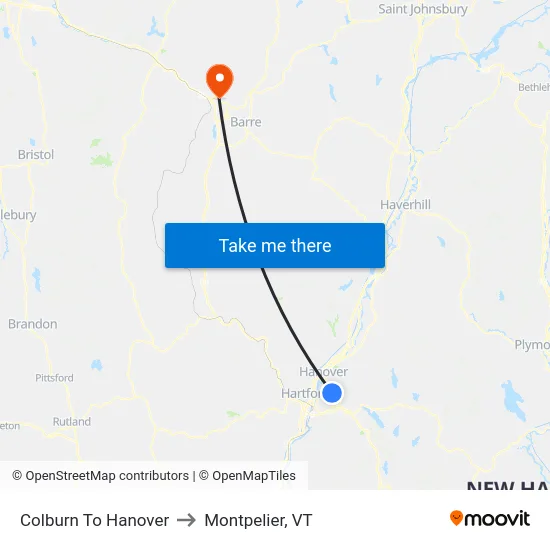 Colburn To Hanover to Montpelier, VT map
