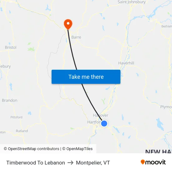 Timberwood To Lebanon to Montpelier, VT map