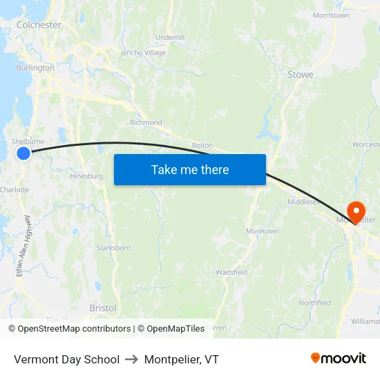Vermont Day School to Montpelier, VT map