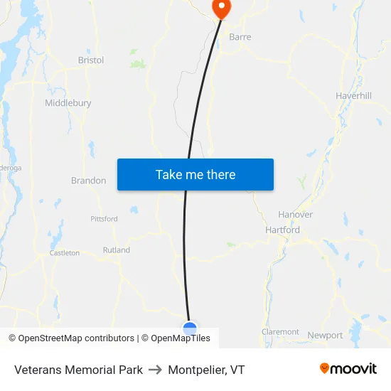 Veterans Memorial Park to Montpelier, VT map