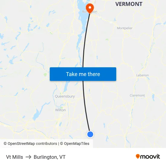 Vt Mills to Burlington, VT map
