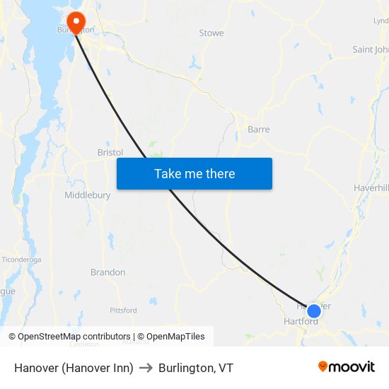 Hanover (Hanover Inn) to Burlington, VT map