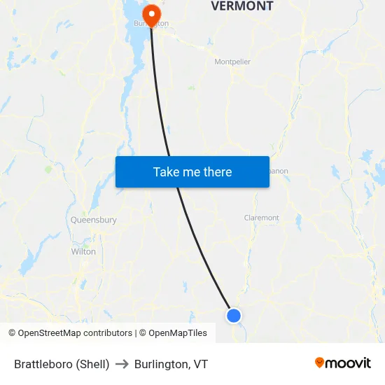 Brattleboro (Shell) to Burlington, VT map