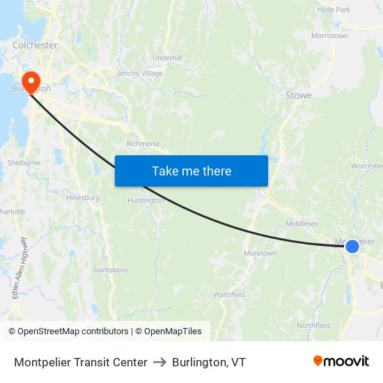 Montpelier Transit Center to Burlington, VT map