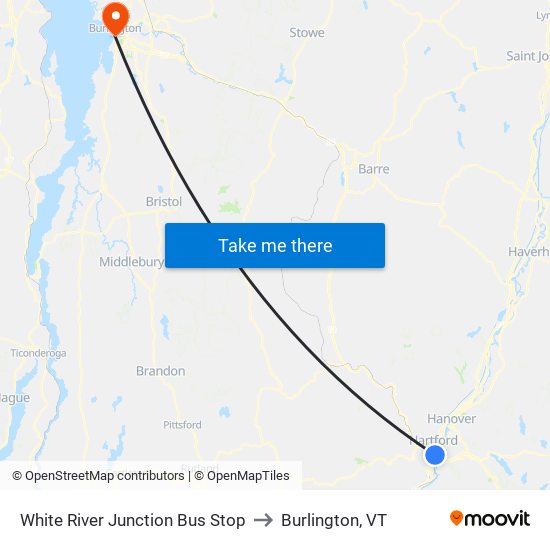 White River Junction Bus Stop to Burlington, VT map