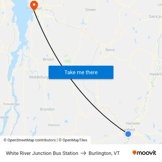 White River Junction Bus Station to Burlington, VT map