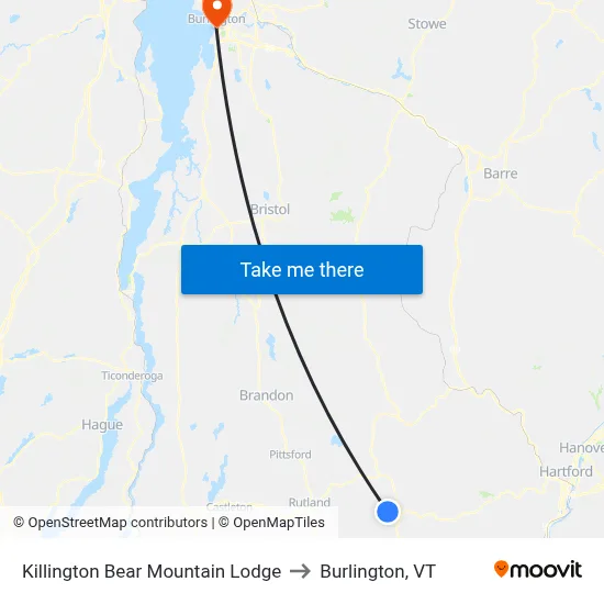 Killington Bear Mountain Lodge to Burlington, VT map