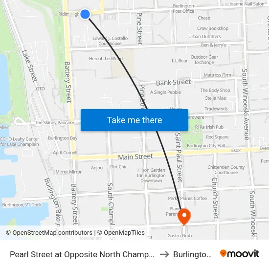 Pearl Street at Opposite North Champlain Street to Burlington, VT map