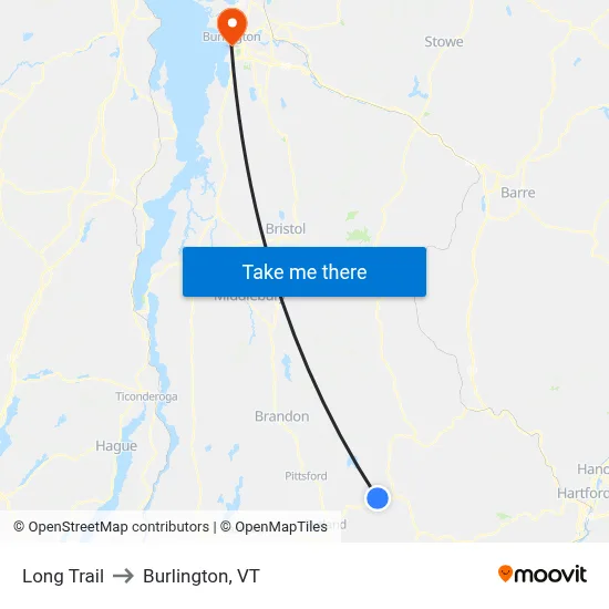 Long Trail to Burlington, VT map