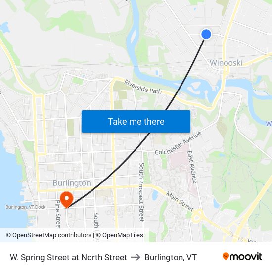 W. Spring Street at North Street to Burlington, VT map