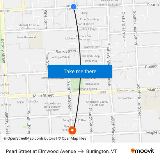 Pearl Street at Elmwood Avenue to Burlington, VT map