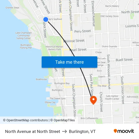North Avenue at North Street to Burlington, VT map