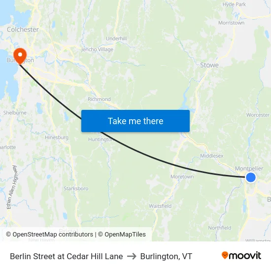 Berlin Street at Cedar Hill Lane to Burlington, VT map