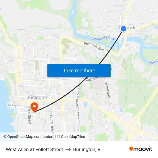 West Allen at Follett Street to Burlington, VT map