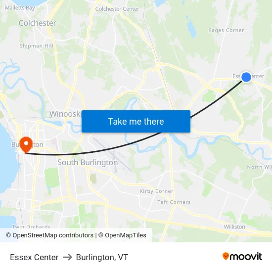 Essex Center to Burlington, VT map