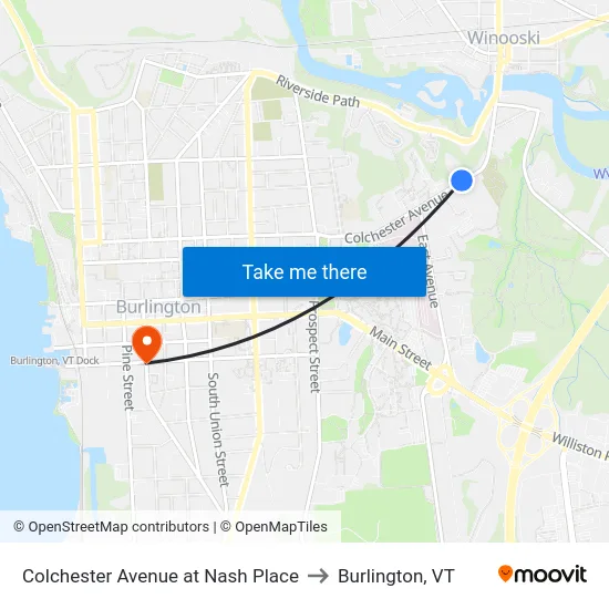 Colchester Avenue at Nash Place to Burlington, VT map
