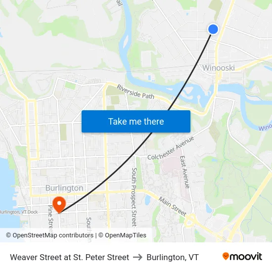 Weaver Street at St. Peter Street to Burlington, VT map