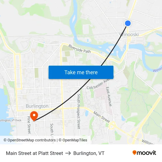 Main Street at Platt Street to Burlington, VT map