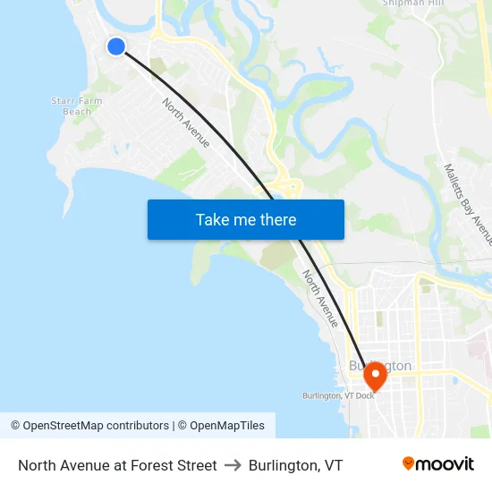North Avenue at Forest Street to Burlington, VT map