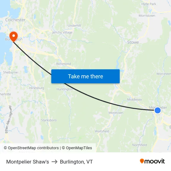Montpelier Shaw's to Burlington, VT map