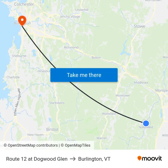 Route 12 at Dogwood Glen to Burlington, VT map