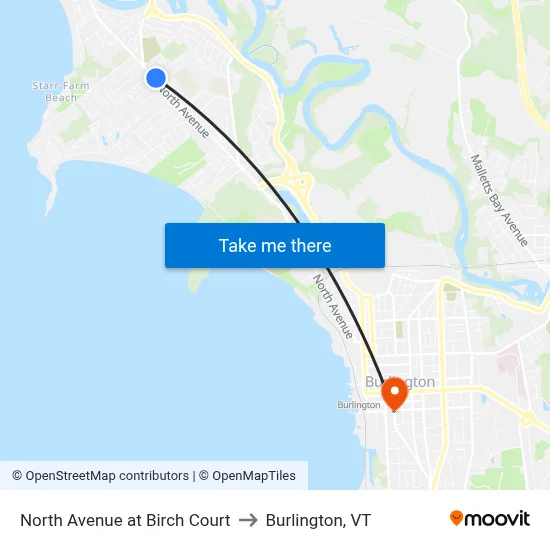 North Avenue at Birch Court to Burlington, VT map