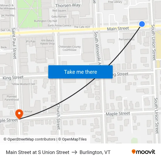 Main Street at S Union Street to Burlington, VT map