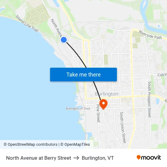 North Avenue at Berry Street to Burlington, VT map
