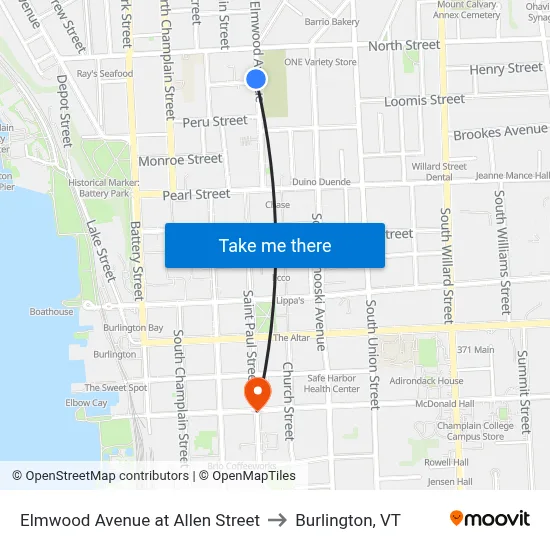 Elmwood Avenue at Allen Street to Burlington, VT map