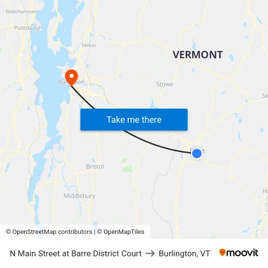 N Main Street at Barre District Court to Burlington, VT map