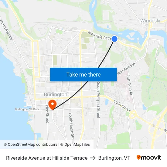 Riverside Avenue at Hillside Terrace to Burlington, VT map