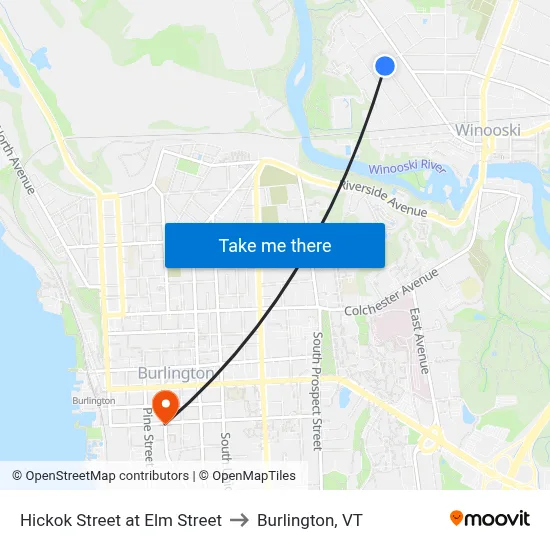 Hickok Street at Elm Street to Burlington, VT map
