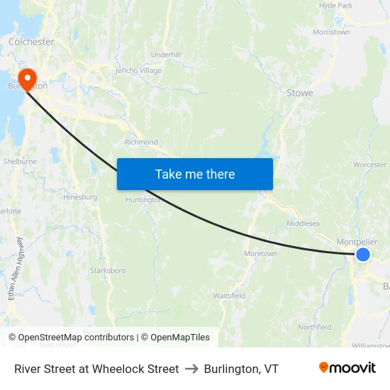 River Street at Wheelock Street to Burlington, VT map